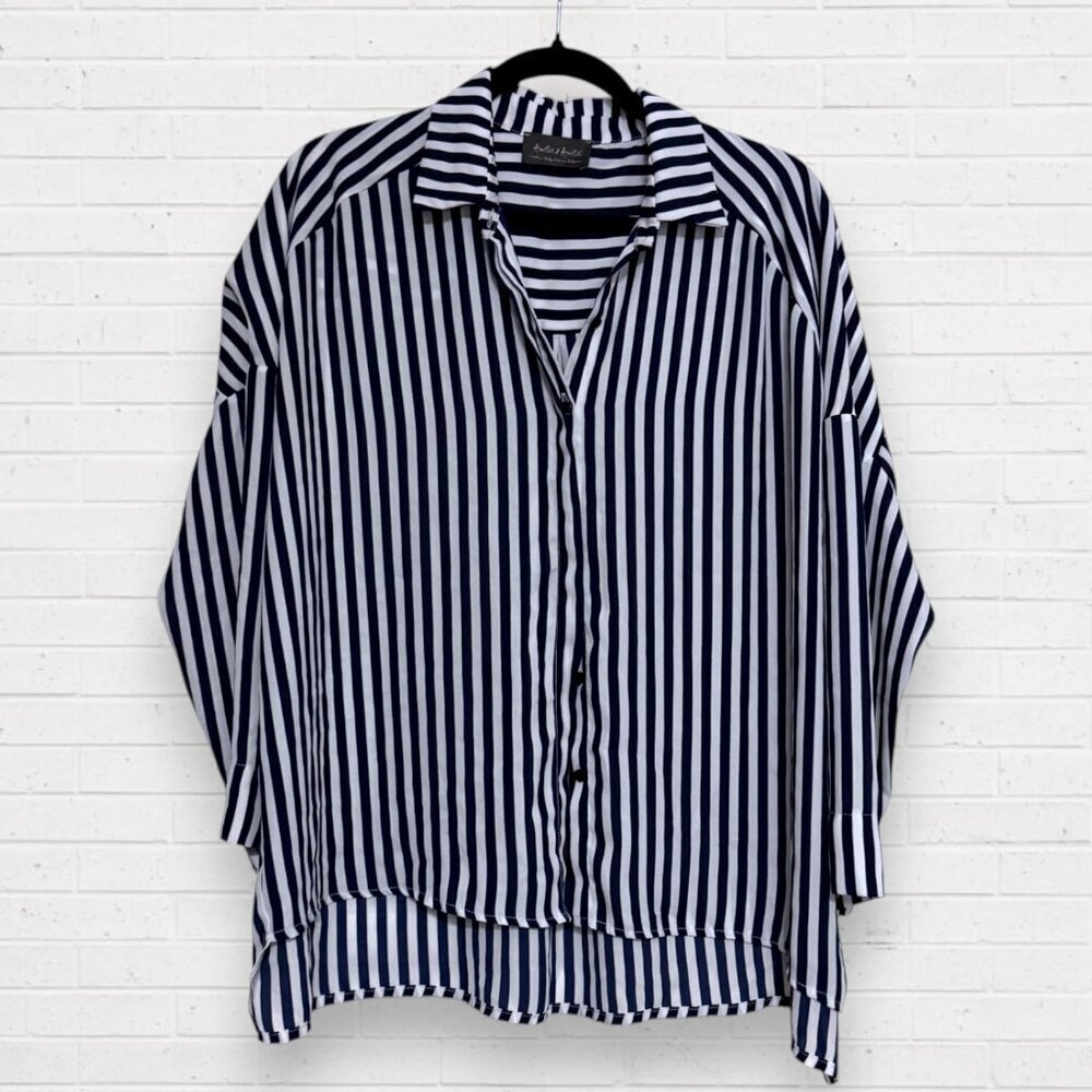 Amelie Amelie Italy Navy White Striped Oversized Coastal Chic Blouse Top Large